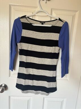Express Black & Gray Striped Top with Blue Sleeves